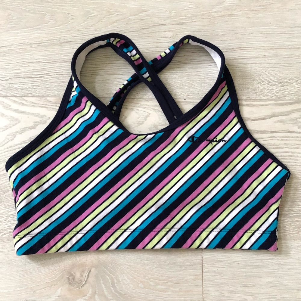 Champion Striped Sports Bra in Navy, Pink, Teal, Lime & White